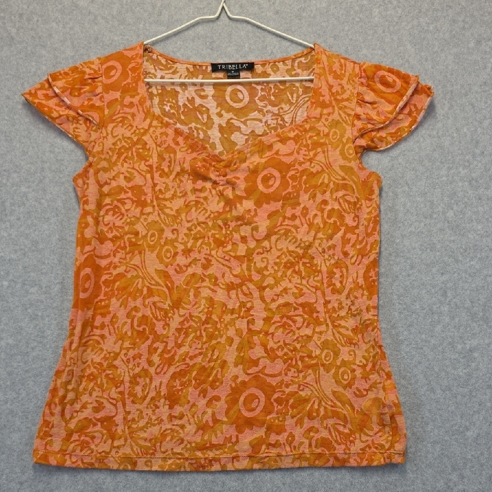 Tribella Orange Patterned Short Sleeve Women's Top